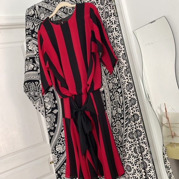 IRRESISTIBLE II DEEP RED AND BLACK WIDE STRIPE BLOUSON SOFT FLOWING DRESS - Picture 4 of 7